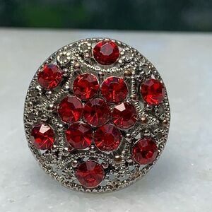 Vintage Red Rhinestone Dome Cocktail Ring Adjustable Silver Tone